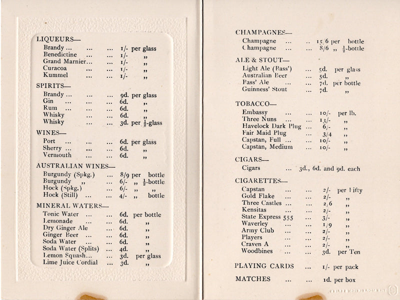 JERVIS BAY: 1922 - Wine list from valiant ship
