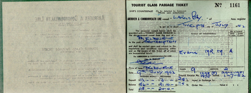 LARGS BAY: 1922 - Ticket, pax guide & Diner d'Adieu menu from 1952 voyage