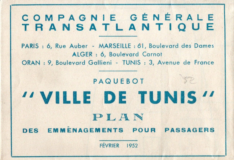 VILLE DE TUNIS: 1952 - Maiden year deck plan