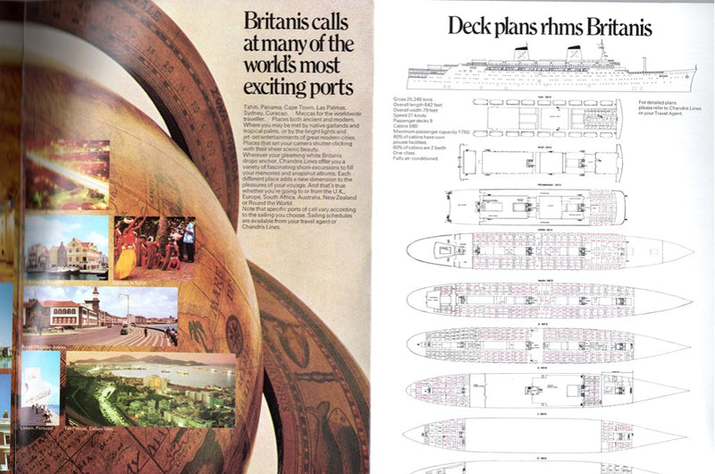 BRITANIS: 1932 - British market 1970 brochure w/ interiors & deck plans