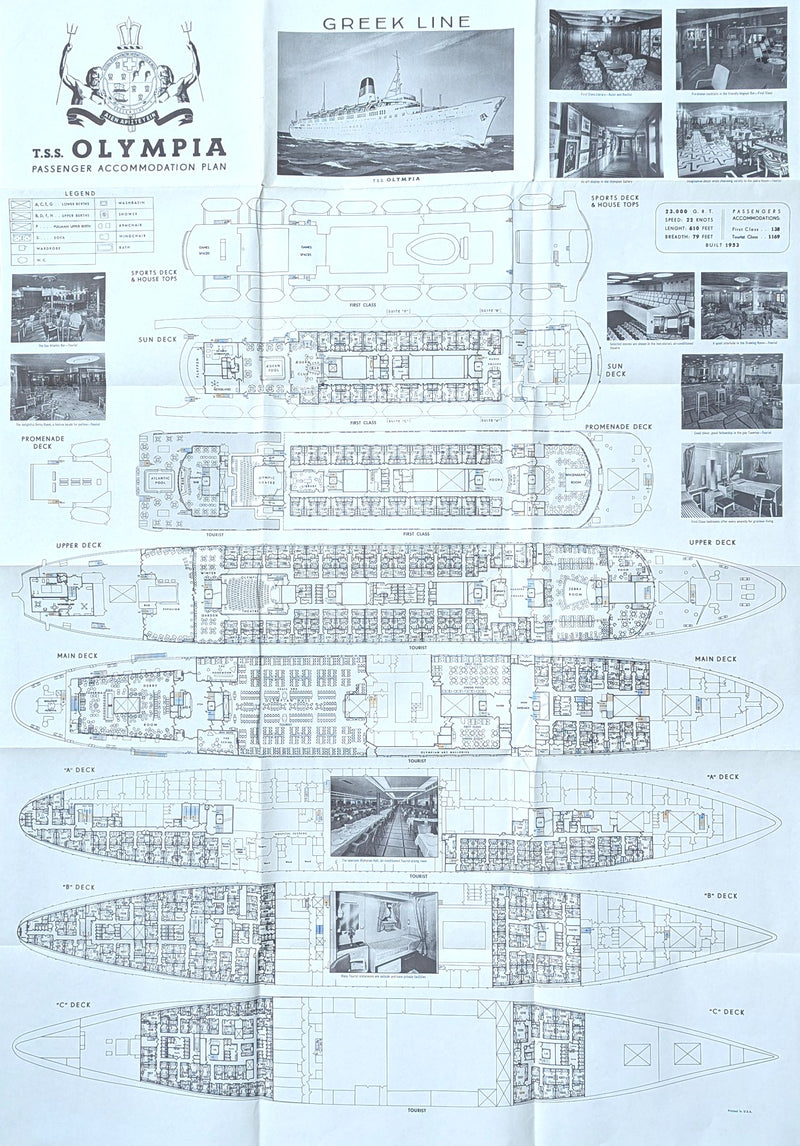 OLYMPIA: 1953 - Early & large deck plan w/ both classes & interior photos