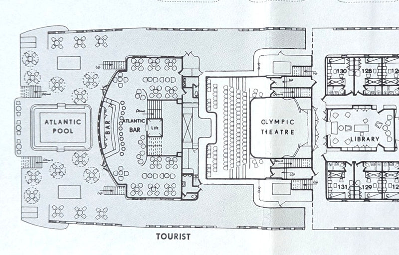 OLYMPIA: 1953 - Early & large deck plan w/ both classes & interior photos