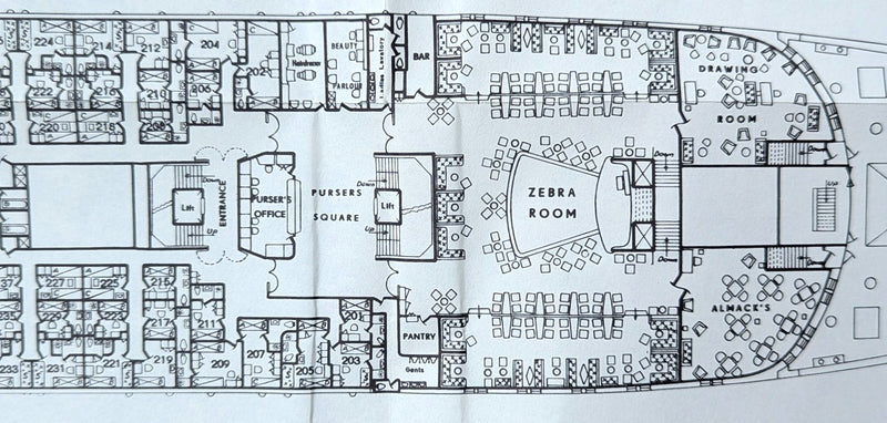 OLYMPIA: 1953 - Early & large deck plan w/ both classes & interior photos