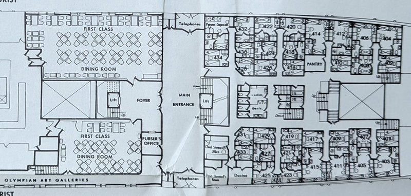 OLYMPIA: 1953 - Early & large deck plan w/ both classes & interior photos