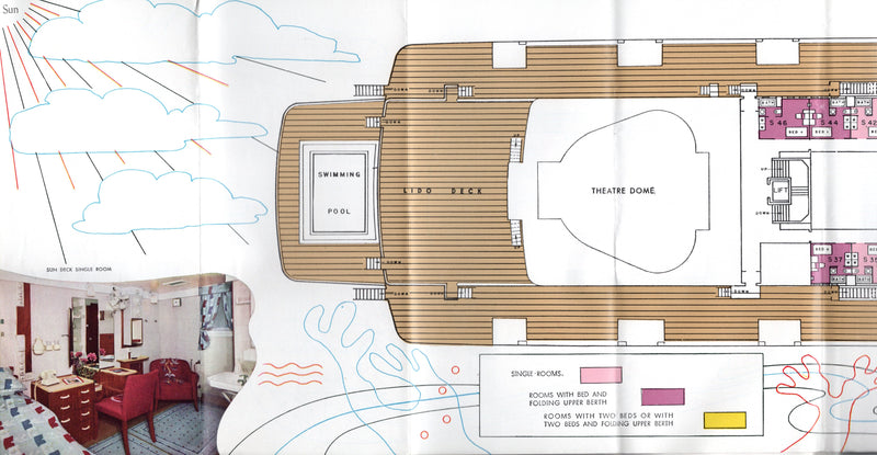 CARONIA: 1949 - Colorful, photo-filled 1950 cruise deck plan
