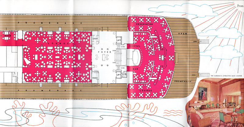 CARONIA: 1949 - Colorful, photo-filled 1950 cruise deck plan