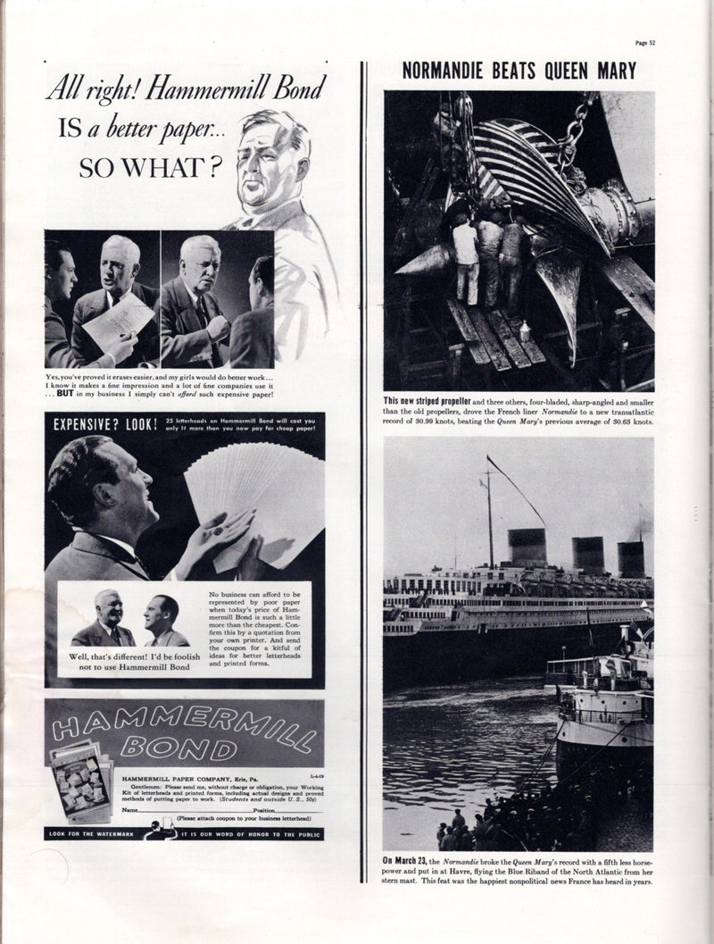 QUEEN MARY & NORMANDIE - 1937 Life Magazine w/ Blue Riband blurb