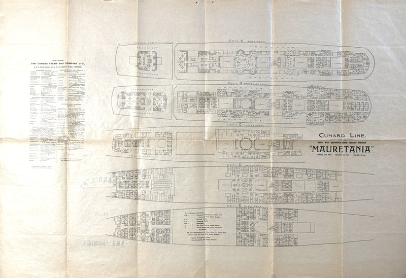 MAURETANIA: 1907 - First & Second class deck plan dated August 1914