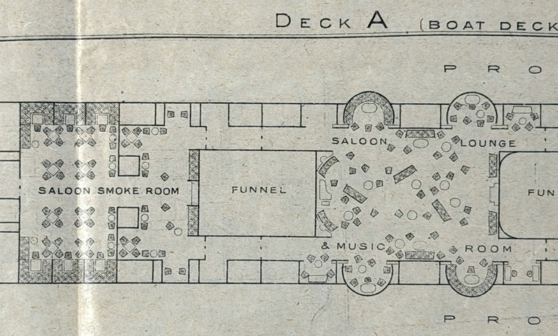 MAURETANIA: 1907 - First & Second class deck plan dated August 1914