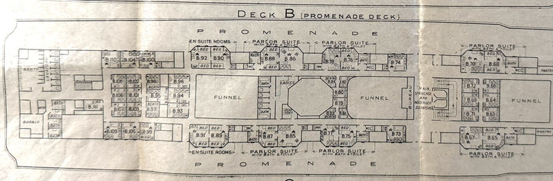 MAURETANIA: 1907 - First & Second class deck plan dated August 1914