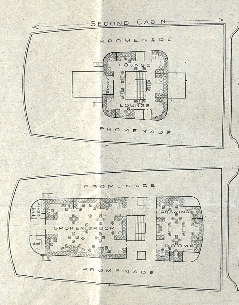 MAURETANIA: 1907 - First & Second class deck plan dated August 1914