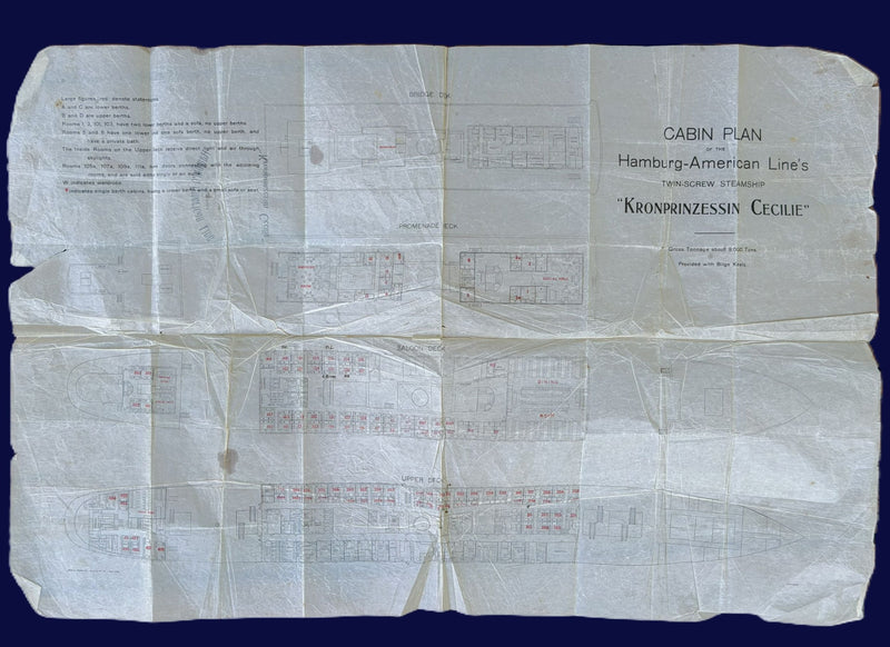 KRONPRINZESSIN CECILIE: 1905 - Rare 1907 deck plan of the OTHER ship