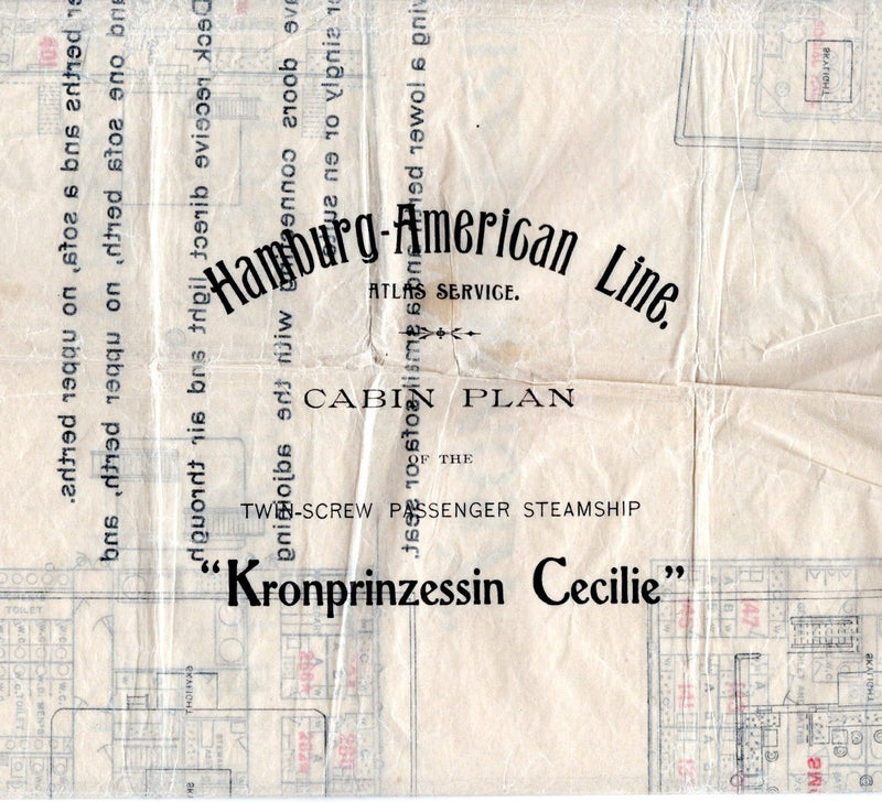 KRONPRINZESSIN CECILIE: 1905 - Rare 1907 deck plan of the OTHER ship