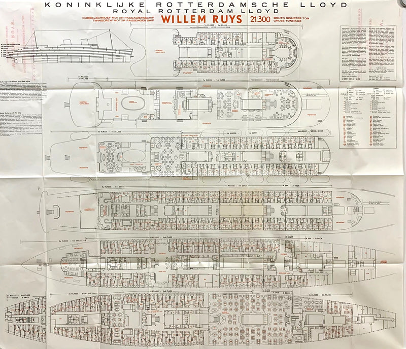 WILLEM RUYS: 1947 - large pre-maiden voyage deck plan