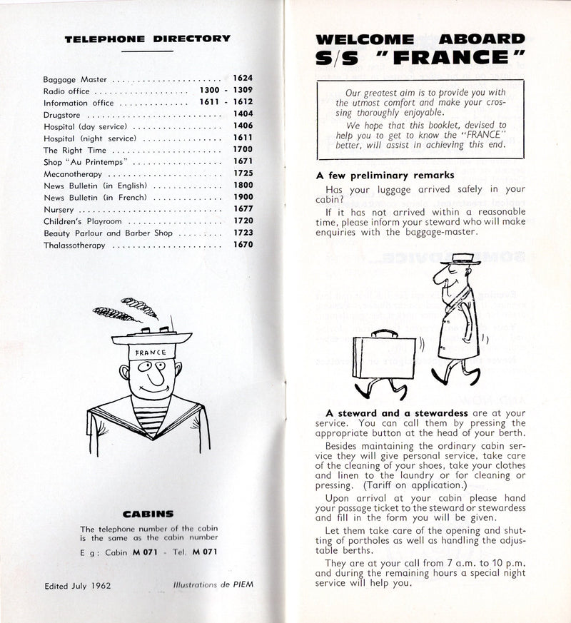 FRANCE: 1962 - First Class passenger info booklet