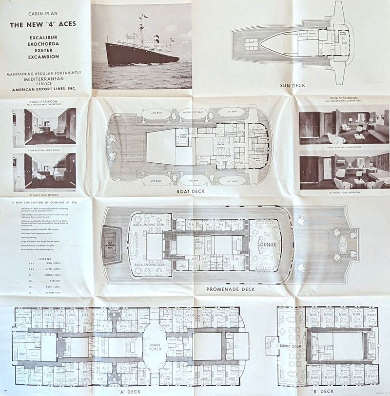 FOUR ACES: 1945 - Large deck plan w/ interior renderings from early 1950s