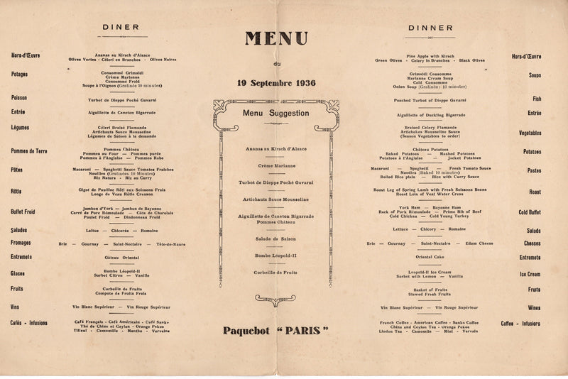 PARIS: 1921 - First Class dinner menu from 1936