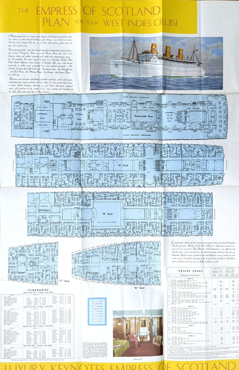 EMPRESS OF SCOTLAND: 1930 - Caribbean cruise brochure w/ plans & pics from 1957