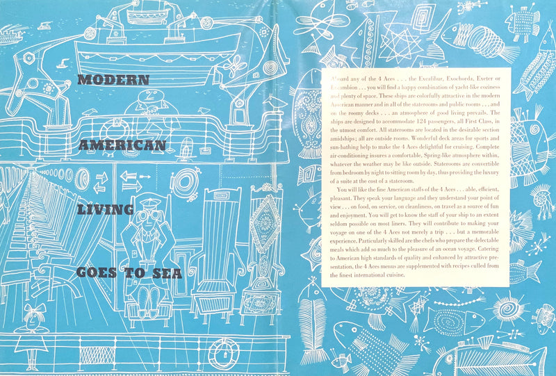 FOUR ACES: 1945 - Big fold-out brochure w/ iso deck plans & color interiors