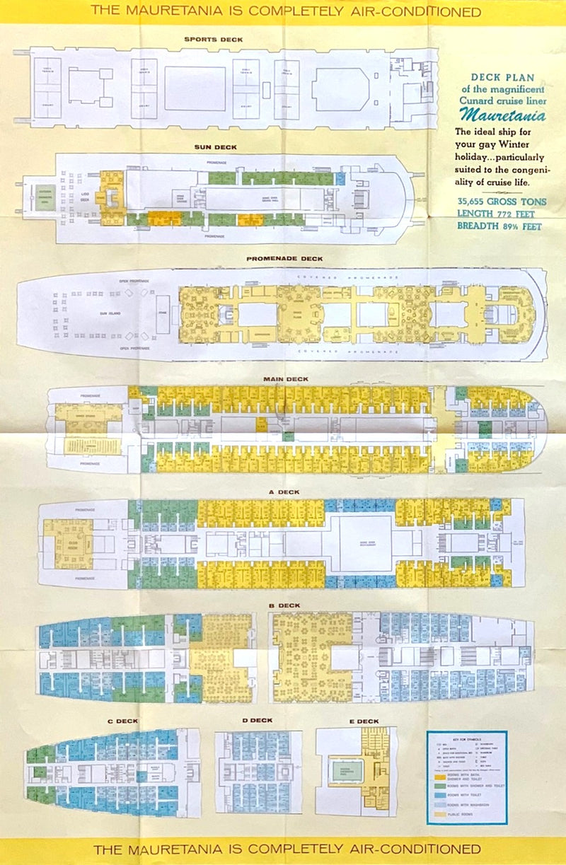 MAURETANIA: 1939 - Big brochure, deck plan & pamphlet for 1962 winter cruises