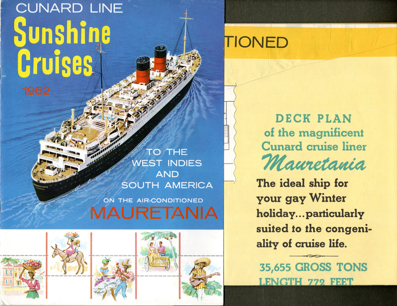 MAURETANIA: 1939 - Big brochure, deck plan & pamphlet for 1962 winter cruises