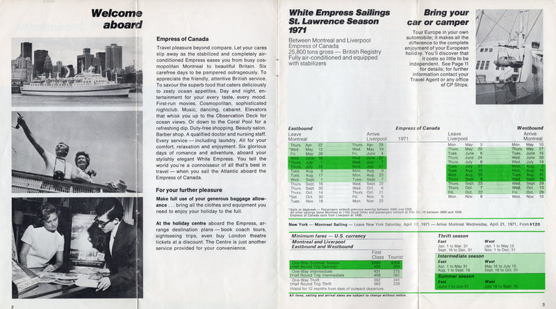 EMPRESS OF CANADA: 1961 - FINAL year schedule & fares brochure