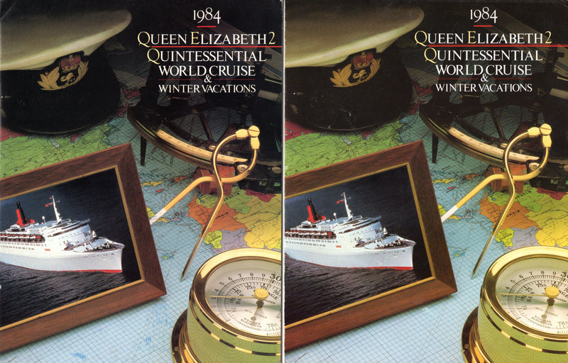 QE2: 1969 - Brochure & menu collection from 1984 World Cruise w/ Sultan invite