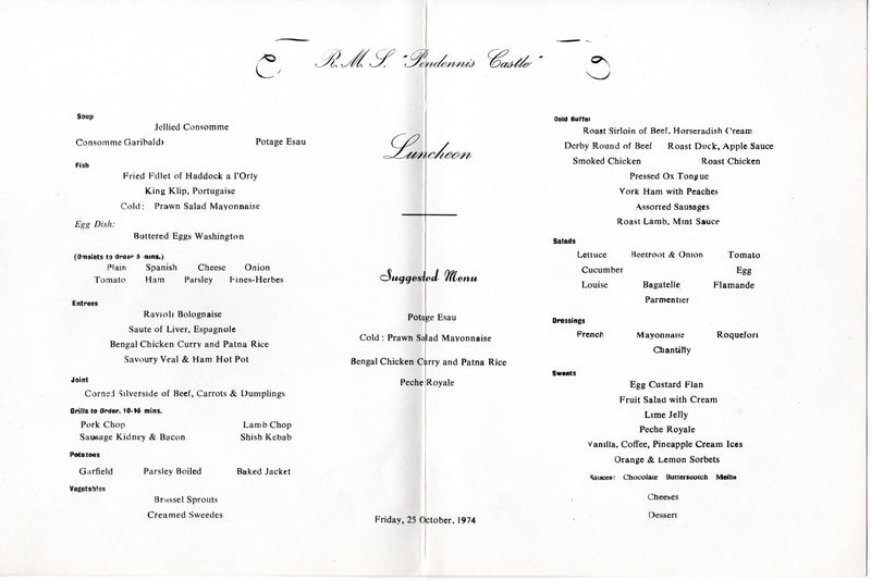 PENDENNIS CASTLE: 1959 - Final June 1976 souvenir + deck plan + menu