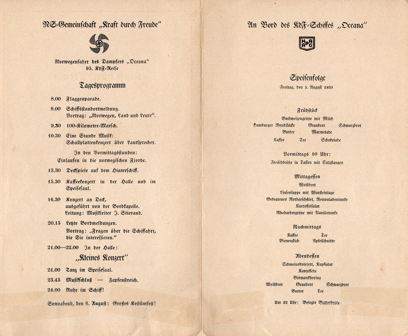 OCEANA: 1913 - KdF program & menu from August 1938 cruise