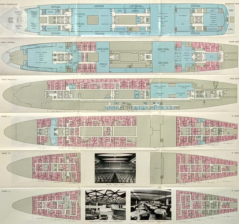 MICHELANGELO & RAFFAELLO: 1965 - Full ship deck plan w/ interiors