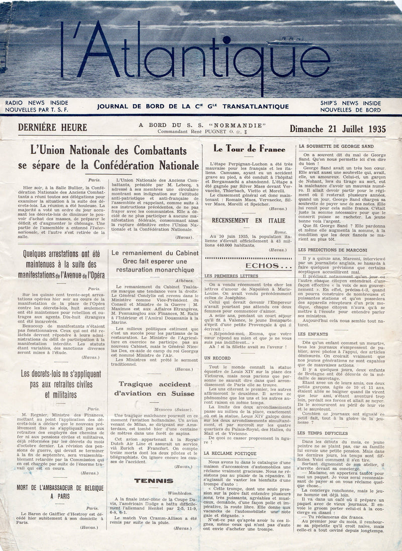 NORMANDIE: 1935 - l'Atlantique dated July 21, 1935