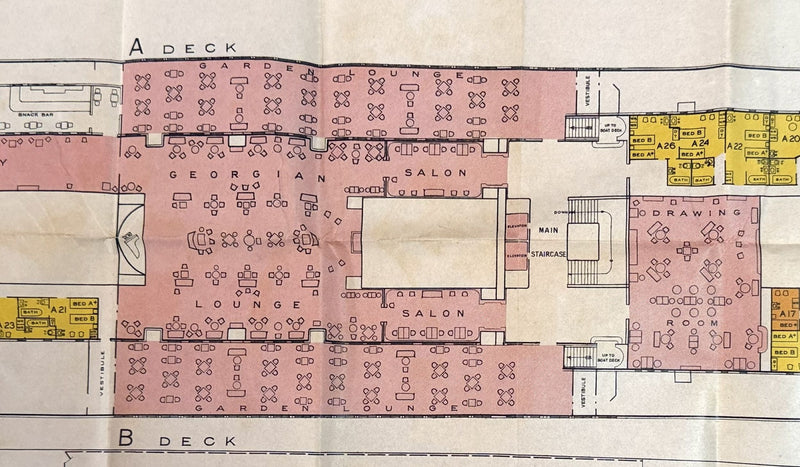 AQUITANIA: 1914 - Color-coded First Class deck plan w/ photos from 1933