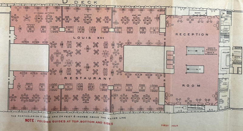 AQUITANIA: 1914 - Color-coded First Class deck plan w/ photos from 1933