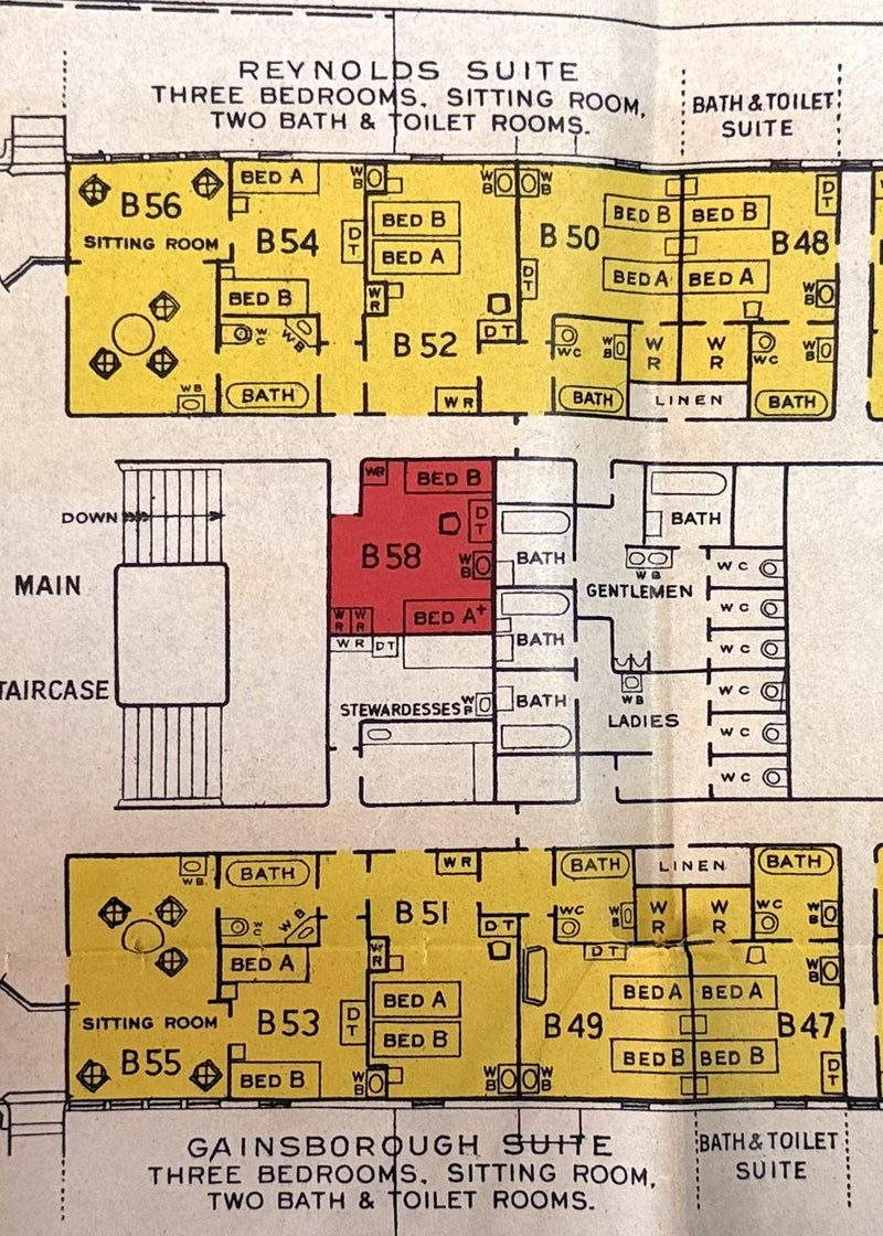 AQUITANIA: 1914 - Color-coded First Class deck plan w/ photos from 1933