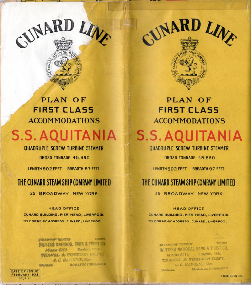 AQUITANIA: 1914 - Color-coded First Class deck plan w/ photos from 1933