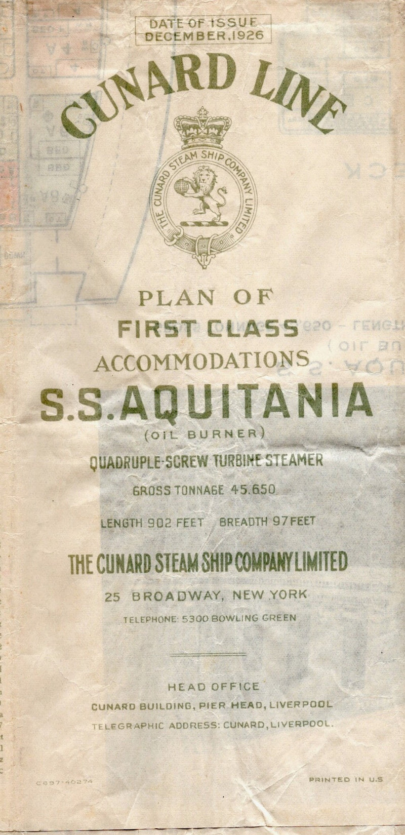 AQUITANIA: 1914 - Large, color-coded First Class deck plan w/ photos from 1926