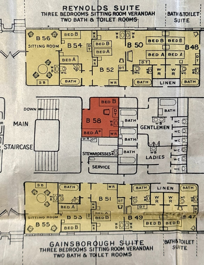 AQUITANIA: 1914 - Large, color-coded First Class deck plan w/ photos from 1926