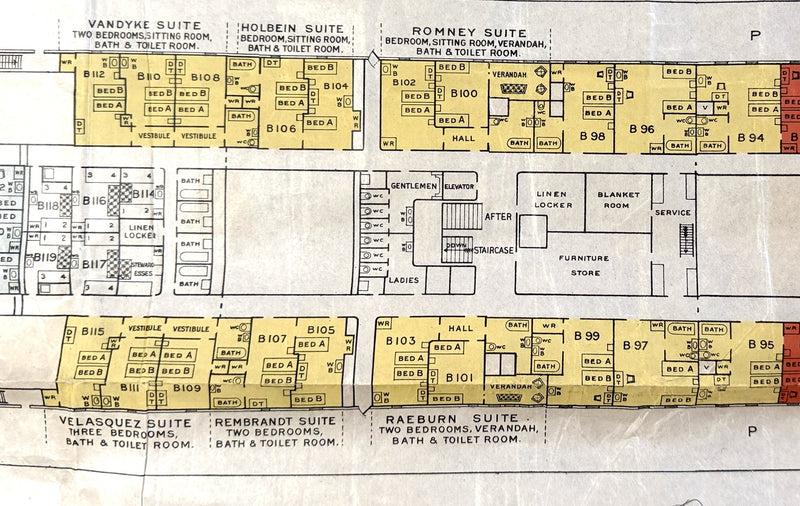 AQUITANIA: 1914 - Large, color-coded First Class deck plan w/ photos from 1926