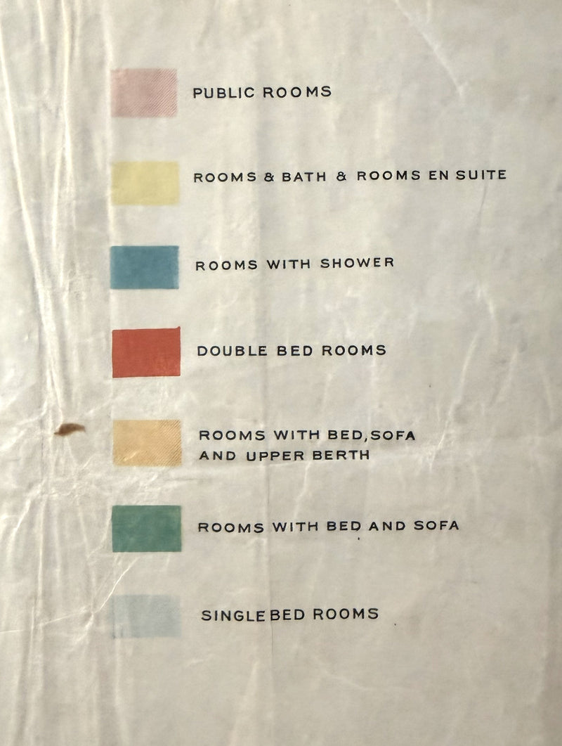 AQUITANIA: 1914 - Large, color-coded First Class deck plan w/ photos from 1926