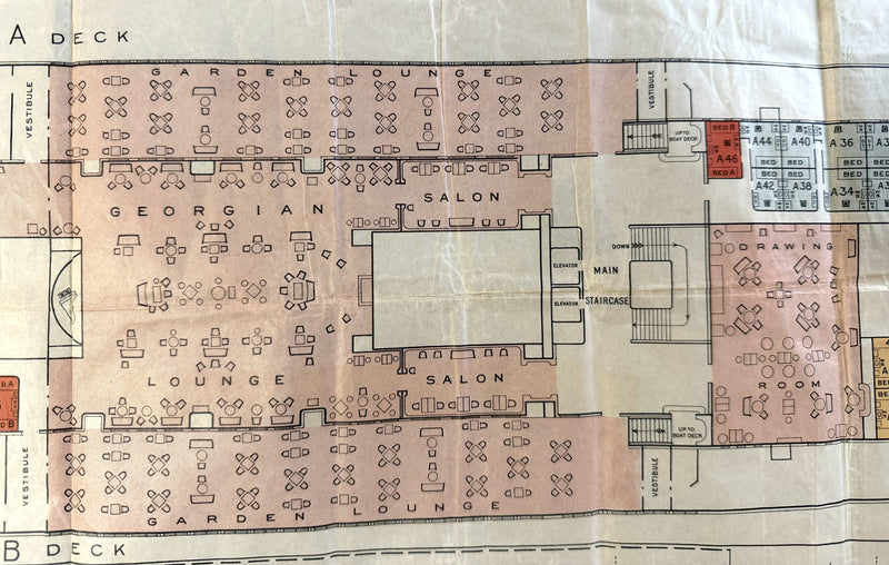 AQUITANIA: 1914 - Large, color-coded First Class deck plan w/ photos from 1926