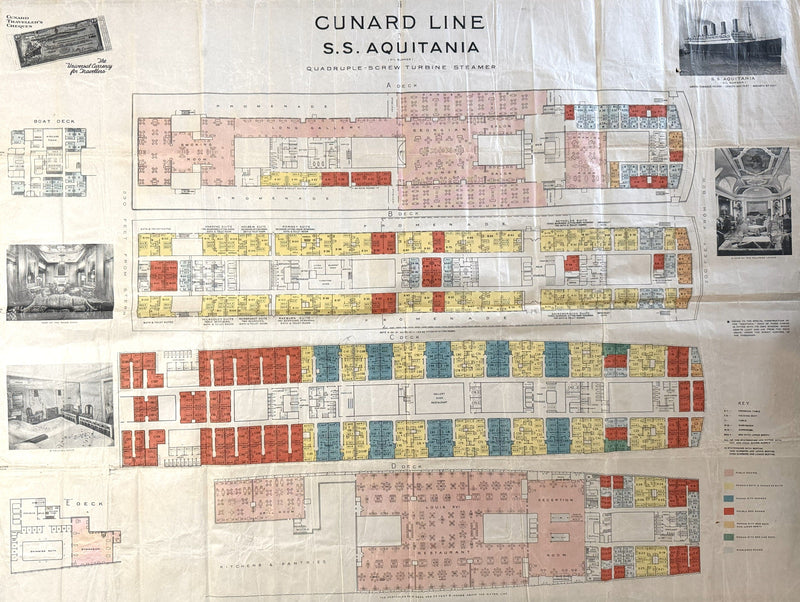 AQUITANIA: 1914 - Large, color-coded First Class deck plan w/ photos from 1926