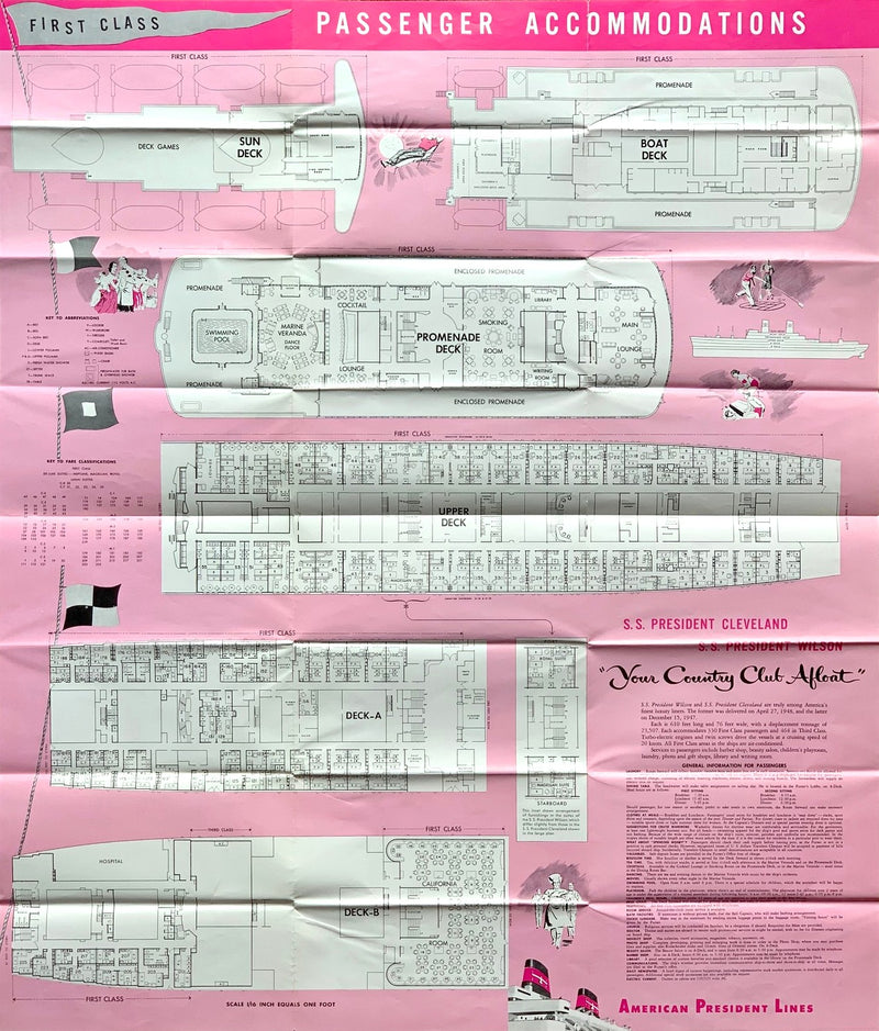 PRESIDENT WILSON & PRESIDENT CLEVELAND - Large 1950s interiors & deck plans brochure