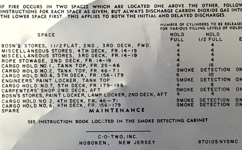 EMPIRE STATE V: 1950 - Aluminum fire detection system sign removed from ship