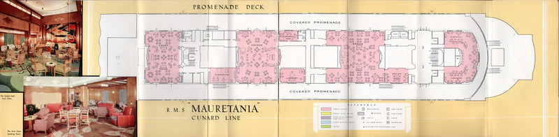 MAURETANIA: 1939 - Deluxe first Class deck plan w/ interior photos