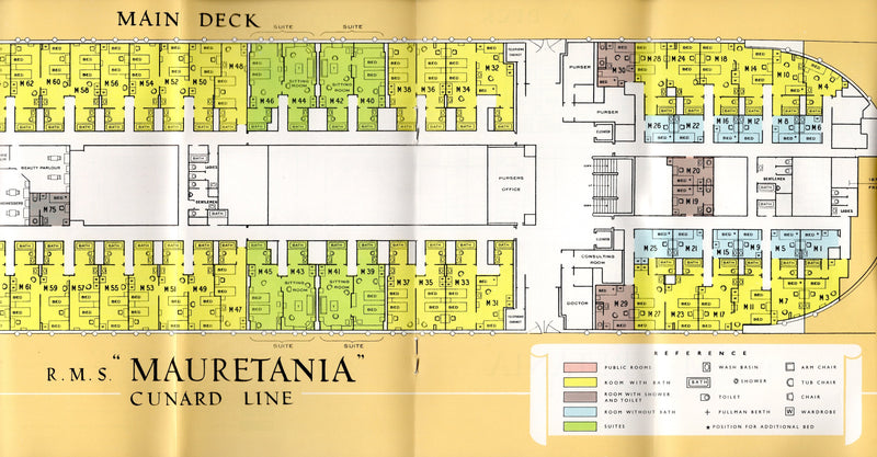MAURETANIA: 1939 - Deluxe first Class deck plan w/ interior photos