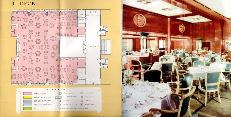 MAURETANIA: 1939 - Deluxe first Class deck plan w/ interior photos