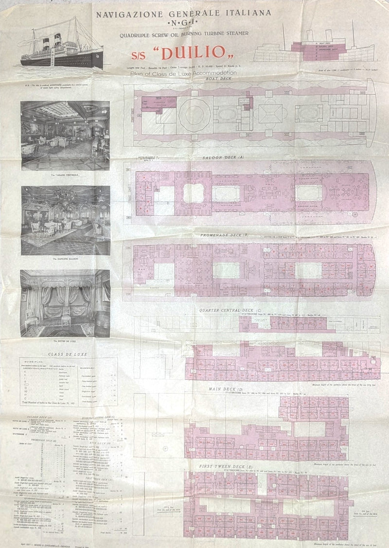 DUILIO: 1923 - Large tissue First Class deck plan w/ photos