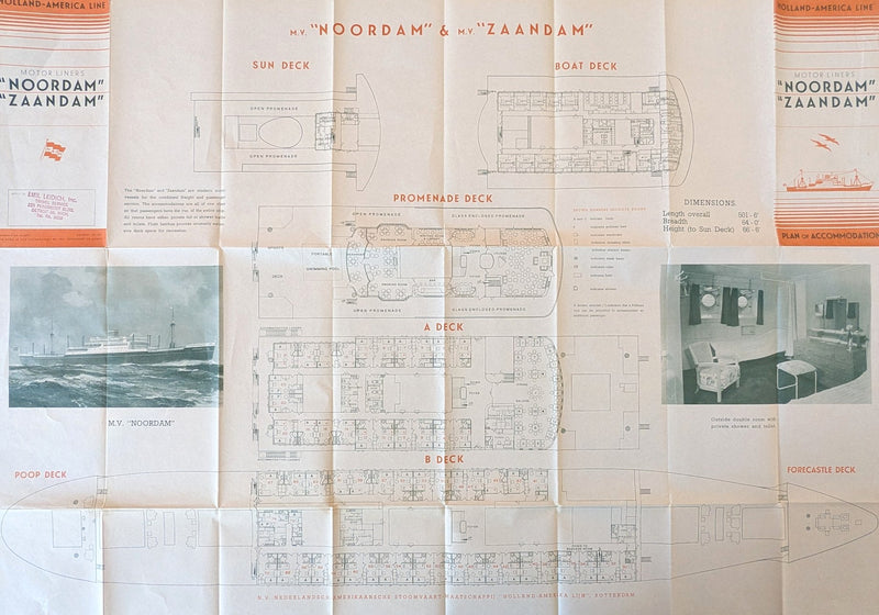 NOORDAM & ZAANDAM - Rare 1938 deck plan - 1 ship survived WW2, 1 didn't