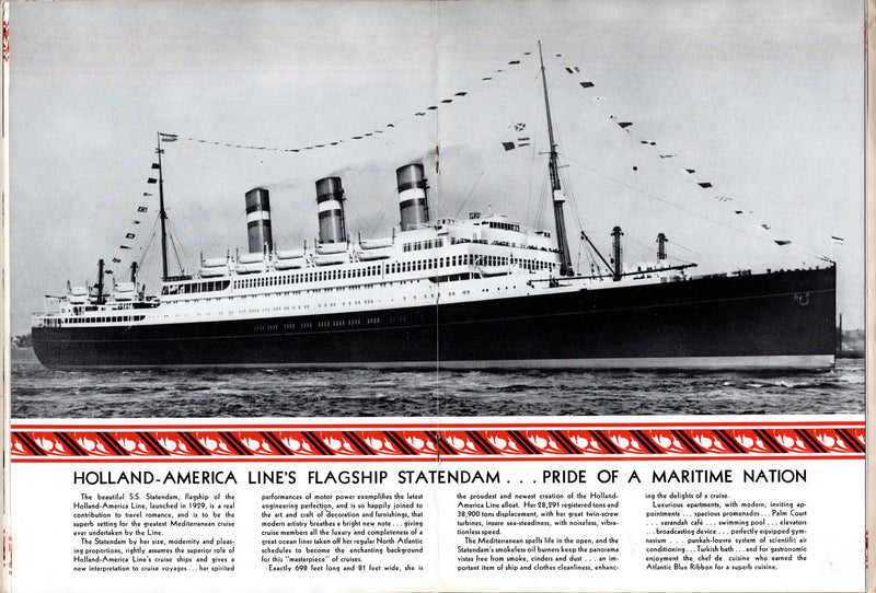 STATENDAM: 1929 - 1935 cruise brochure w/ interiors & separate deck plan