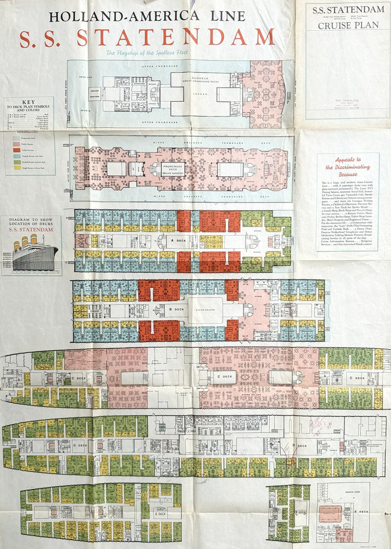 STATENDAM: 1929 - 1935 cruise brochure w/ interiors & separate deck plan